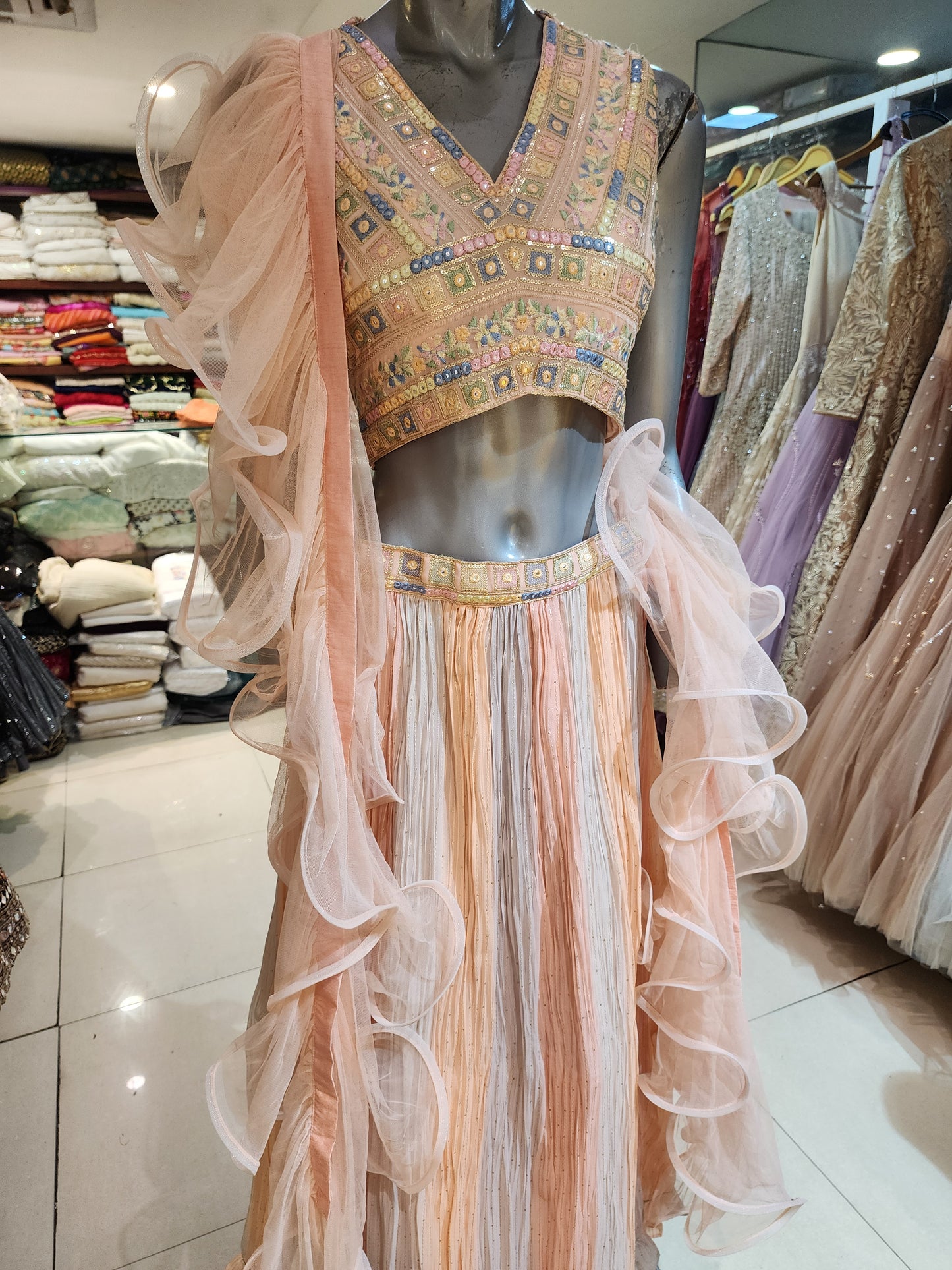 Peach and Grey crush georgette  lehenga , multi thread work + mirror work choli