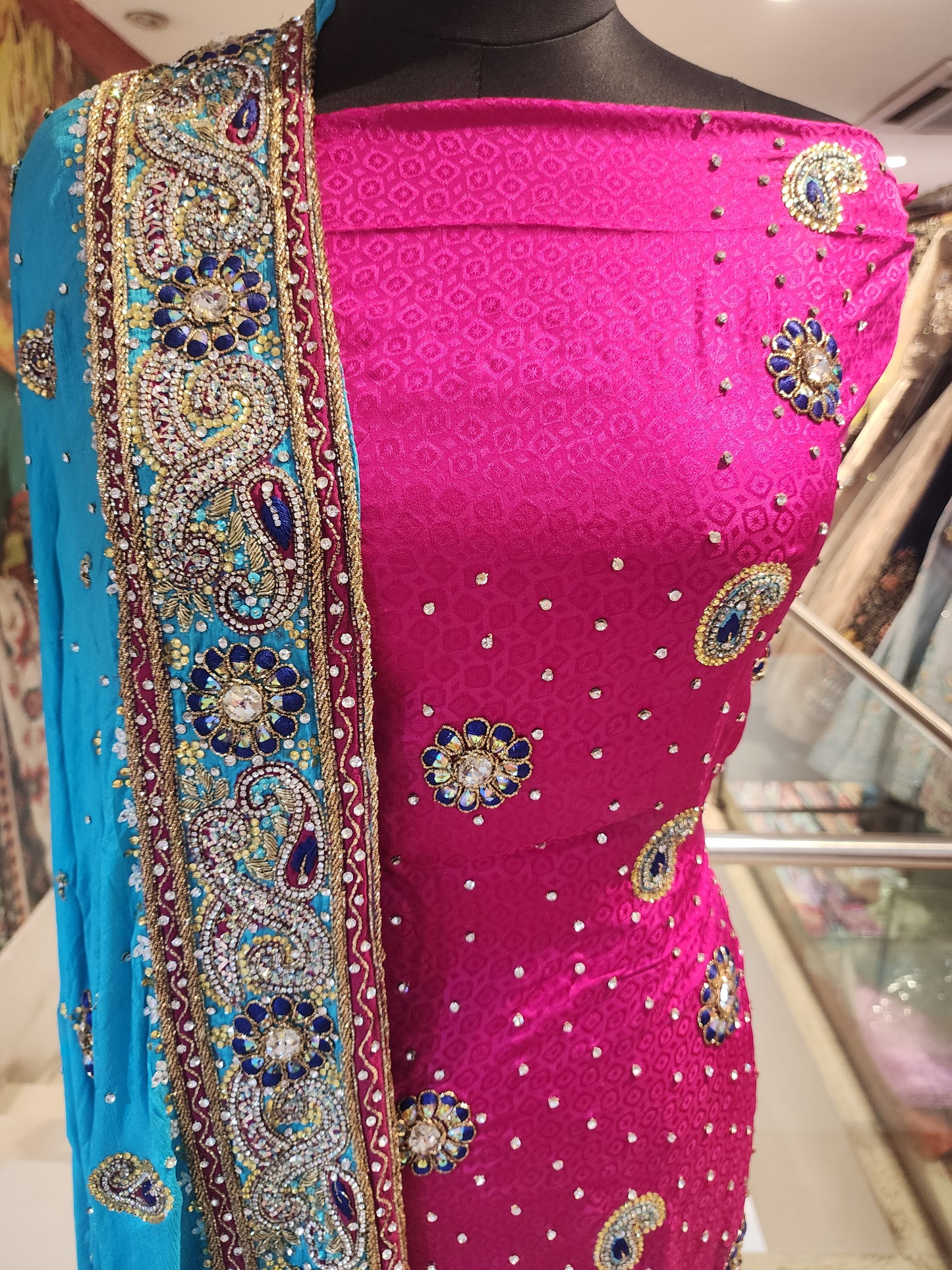 Pink Pure crepe kunden work suit with light blue four side border  dupatta
