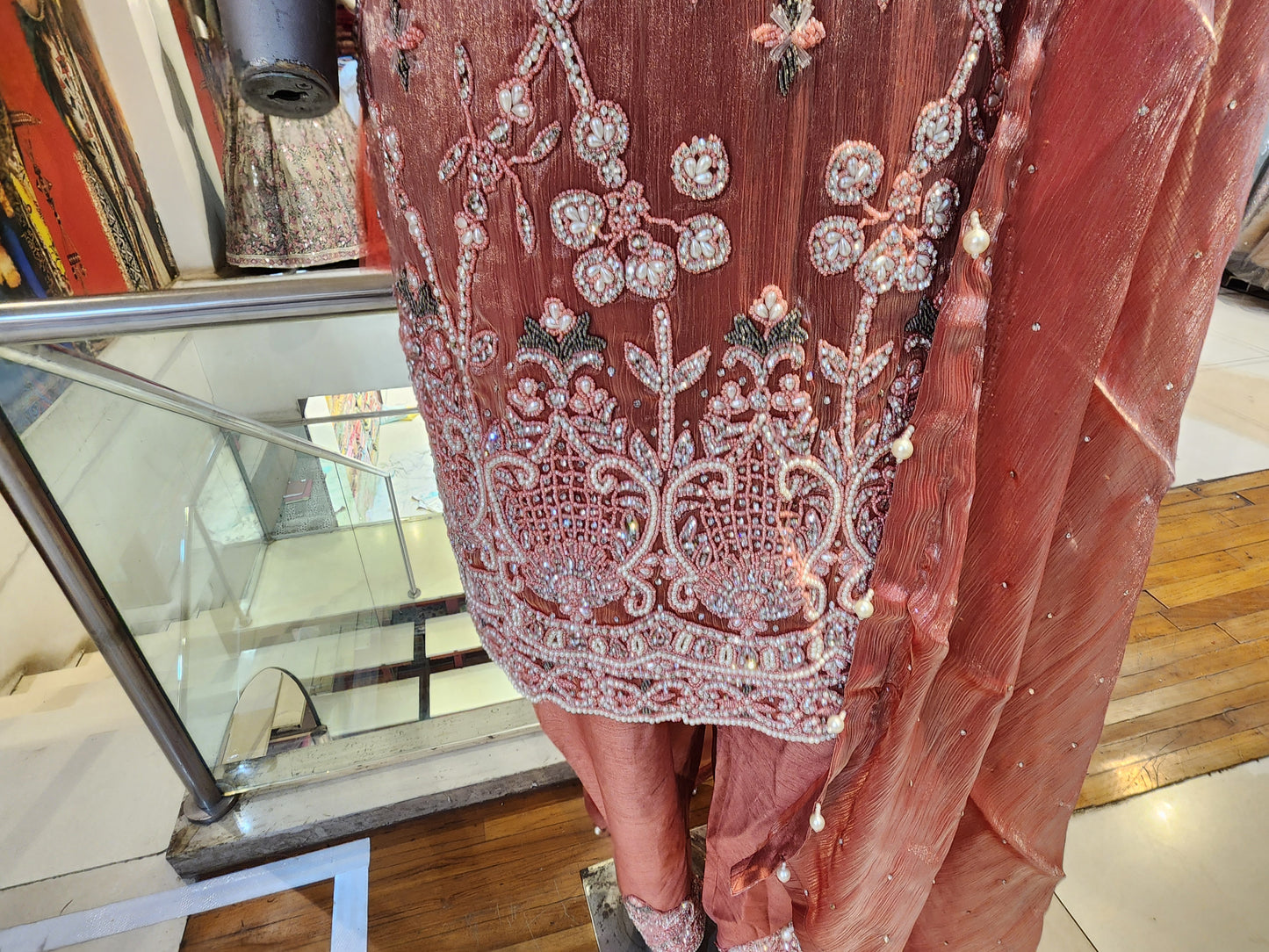 Shirt pant with heavy jacket . Pearl resham and servowski work