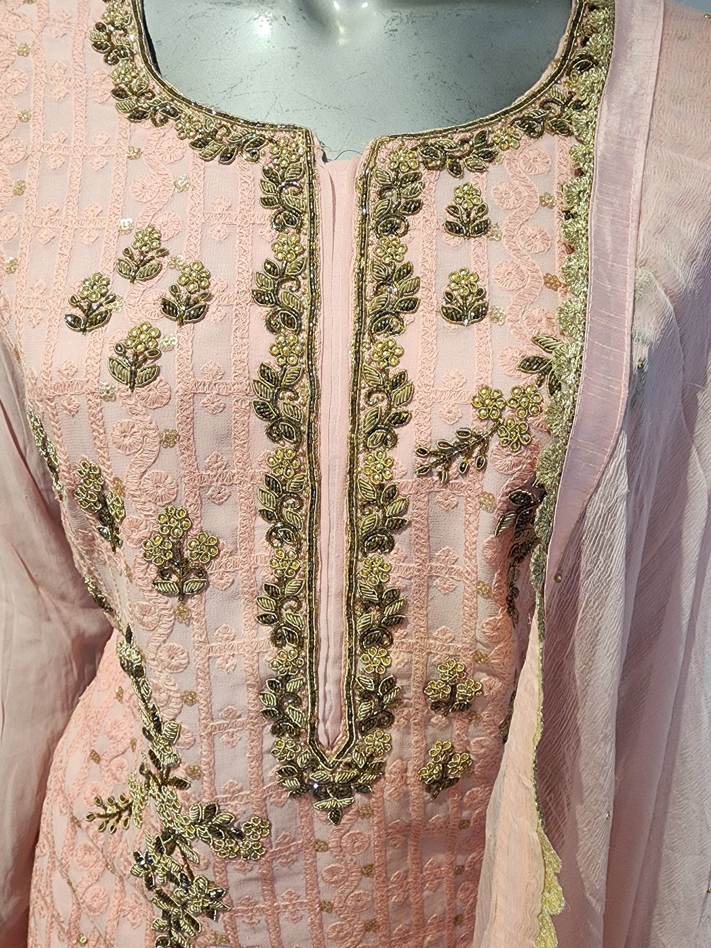 Peach chikankari chiffon shirt with dabka work , with sharara and dupatta