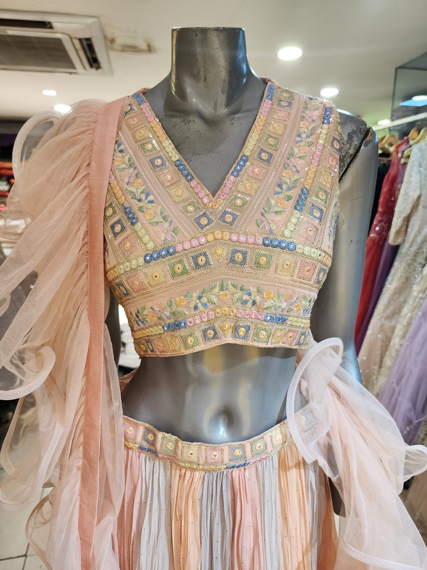 Peach and Grey crush georgette  lehenga , multi thread work + mirror work choli