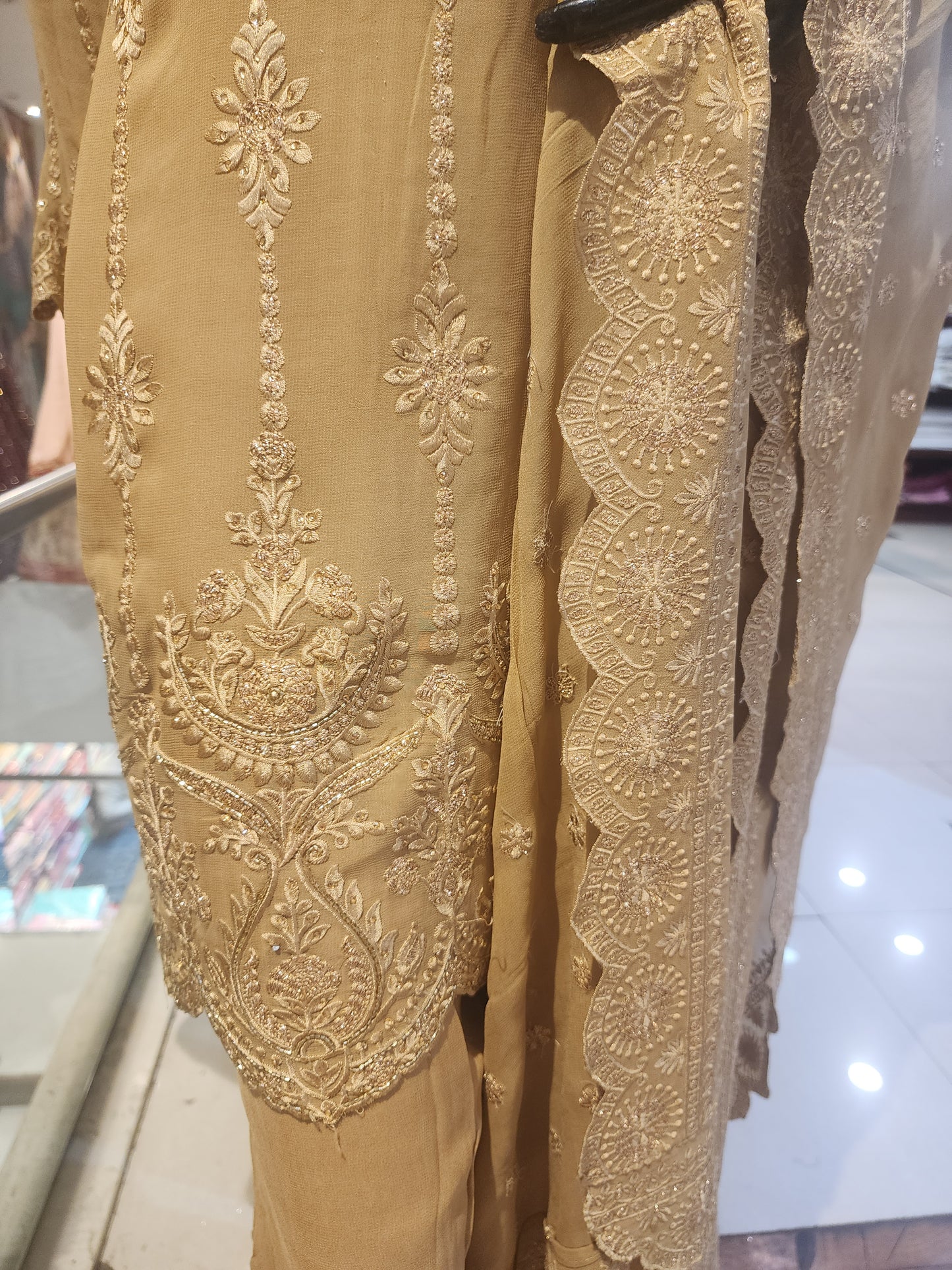 Golden brown georgette chikankari resham work shirt with dupatta sharara suit