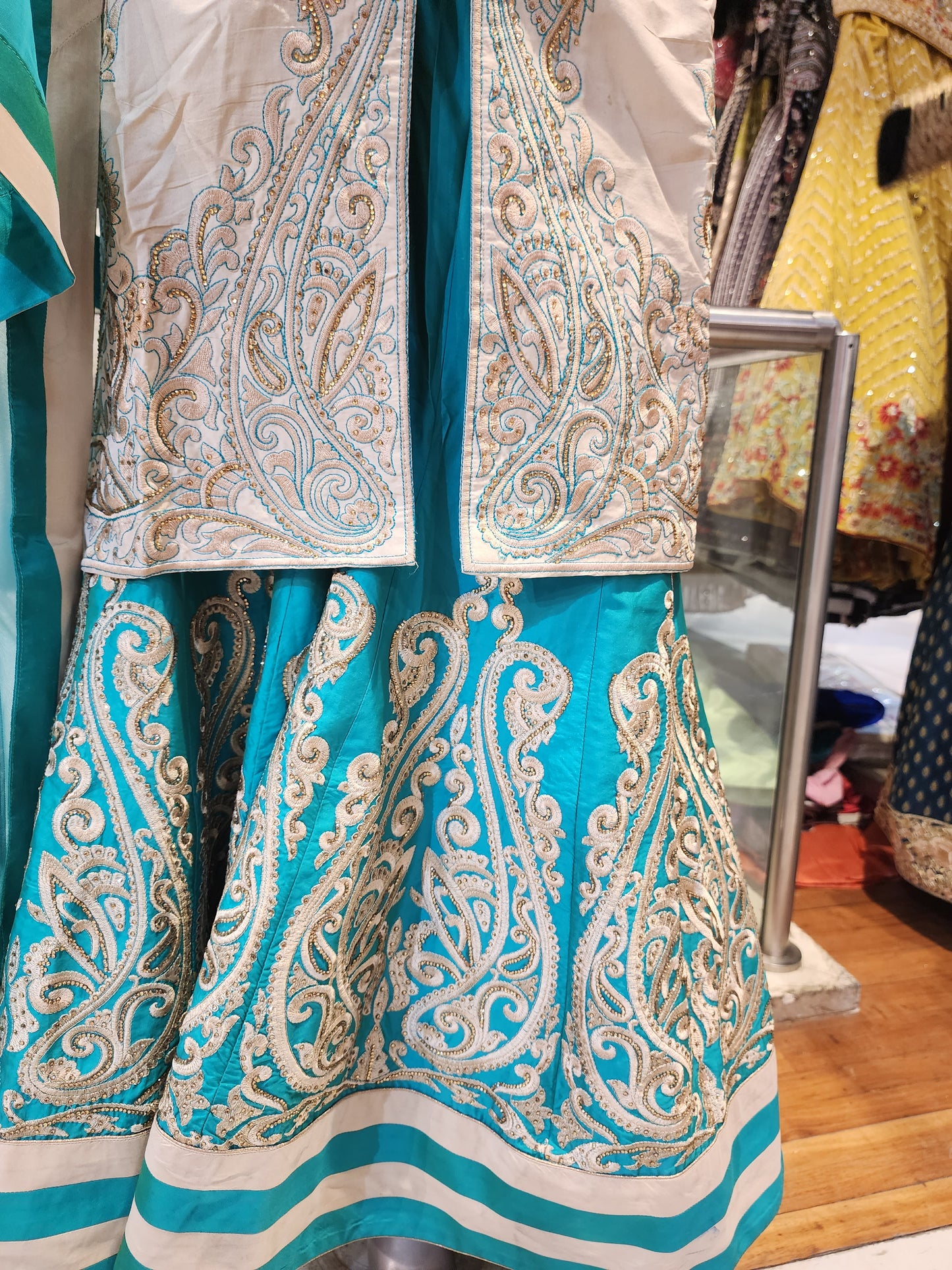 Semi silk achkan style  golden colour shirt with rama Green sharara with net dupatta