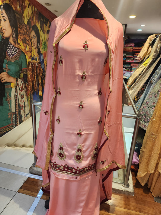Pure crepe peach colour,  resham and dabka work unstiched suit with chinon chiffon dupatta