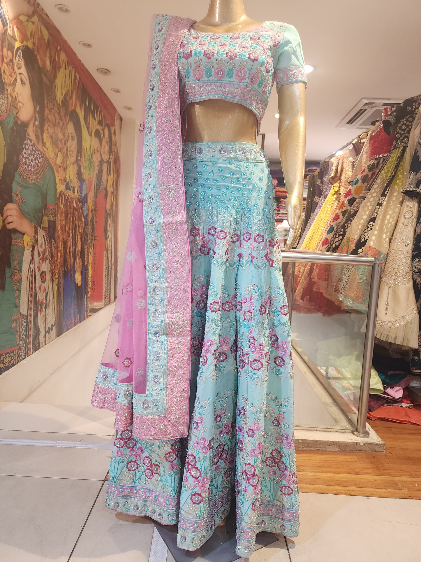 Pure crepe pure resham work firozi colour