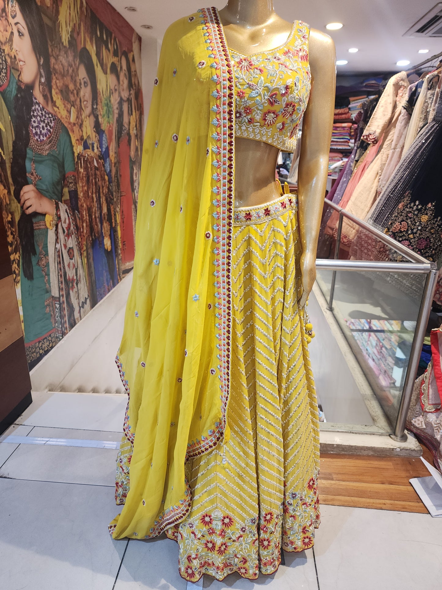 Yellow georgette heavy  machine work lehanga with four side border  dupatta