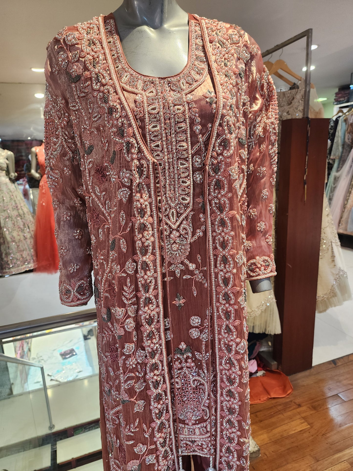 Shirt pant with heavy jacket . Pearl resham and servowski work