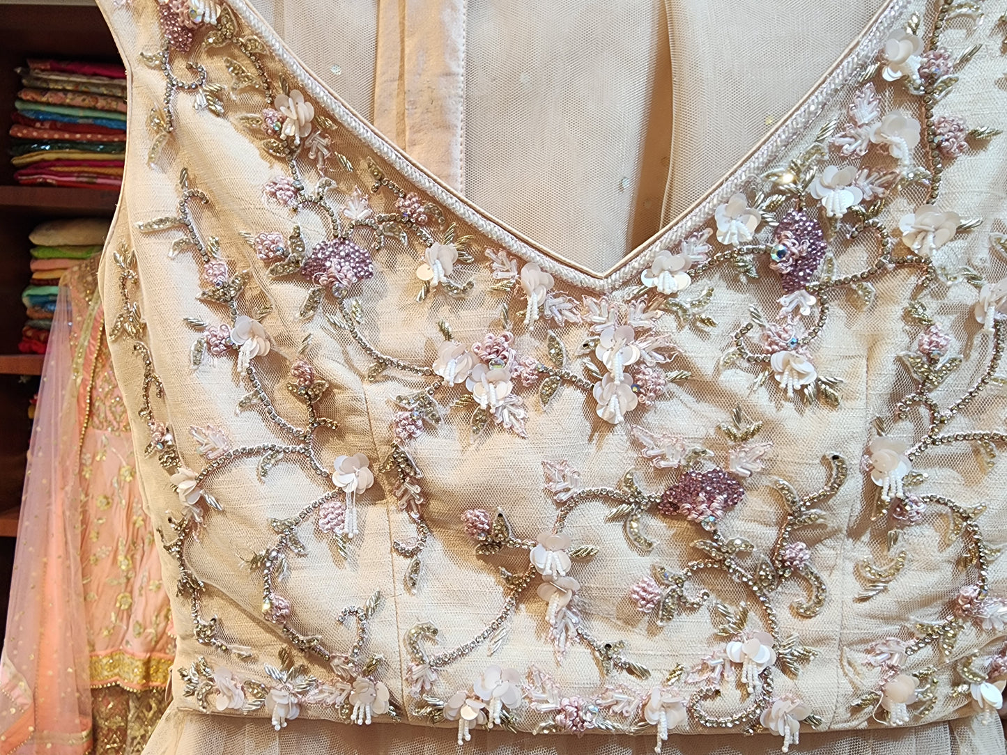 Readymade  dusty pink Pure net  lehanga with servowski  resham work