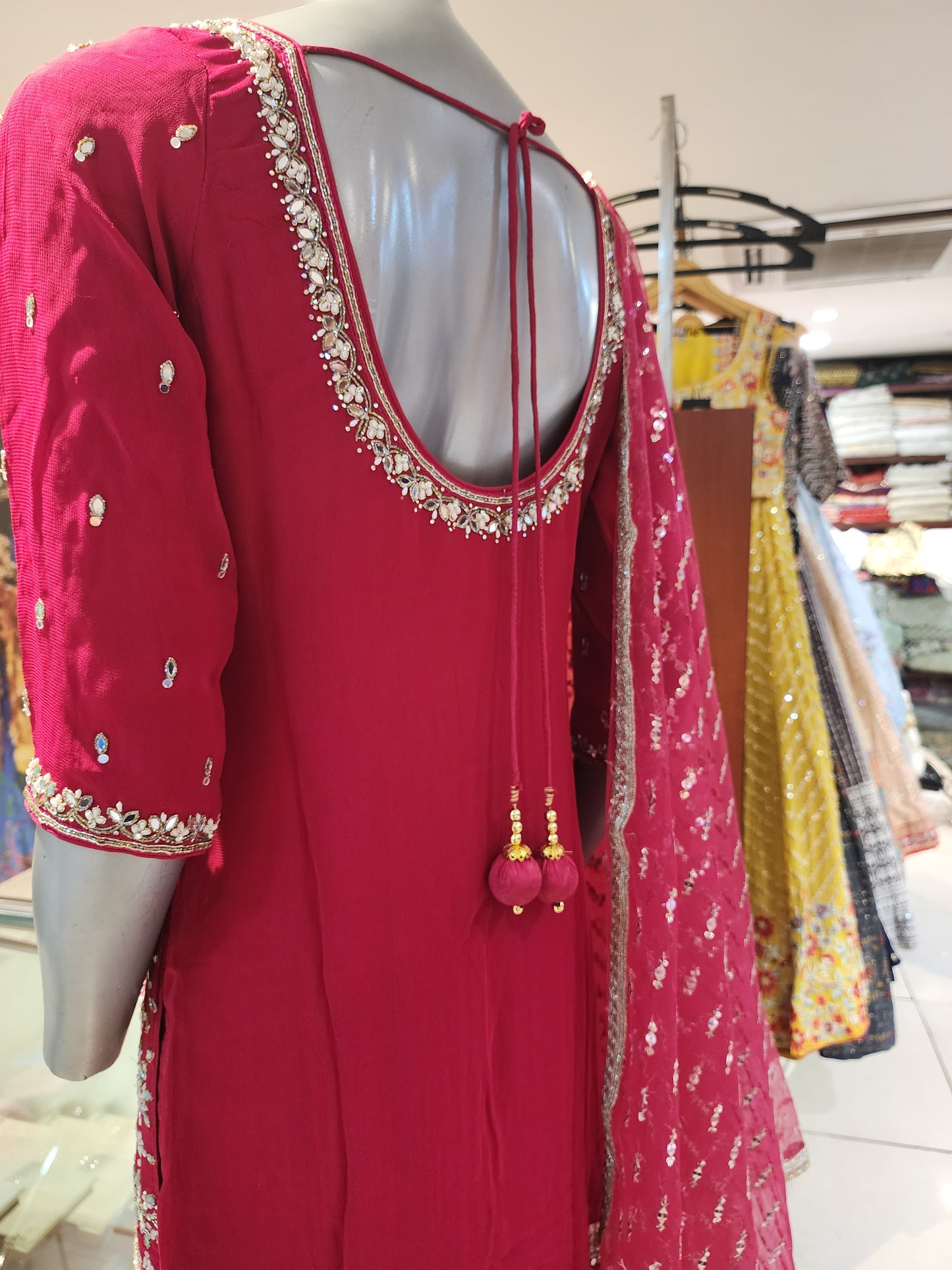 Red georgette mirror work sharara suit and net  dupatta
