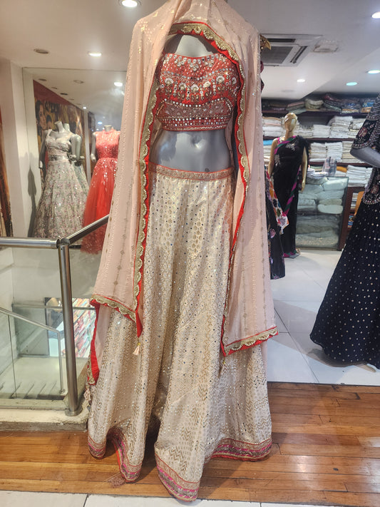 Peach Banarsi lehanga mirror + stone work , Red hand work resham + cut dana+ stone + mirror work blouse with georgette  dupatta