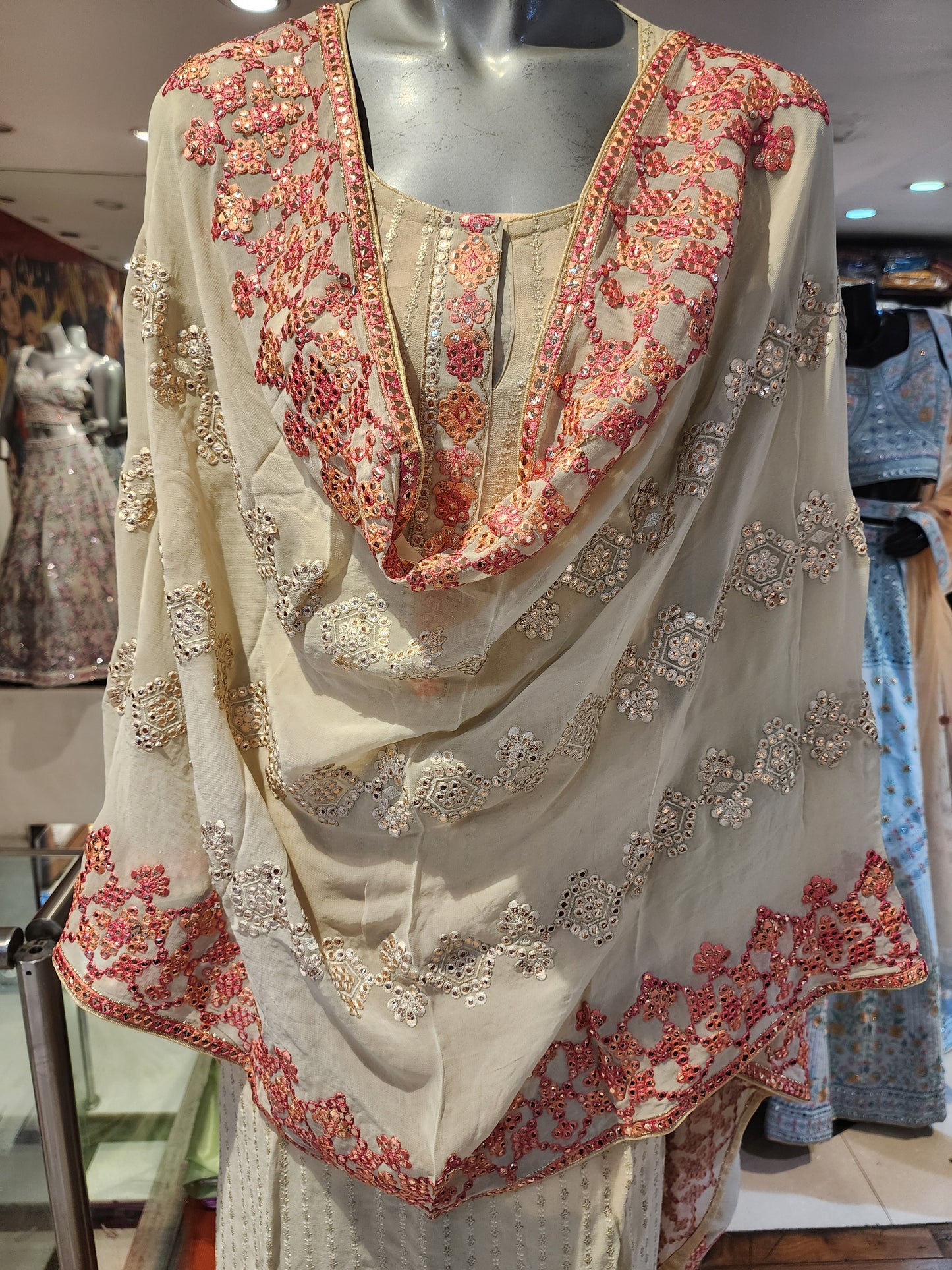 Fawn colour Garara semi stitched  Suit  Xl /L with pink border