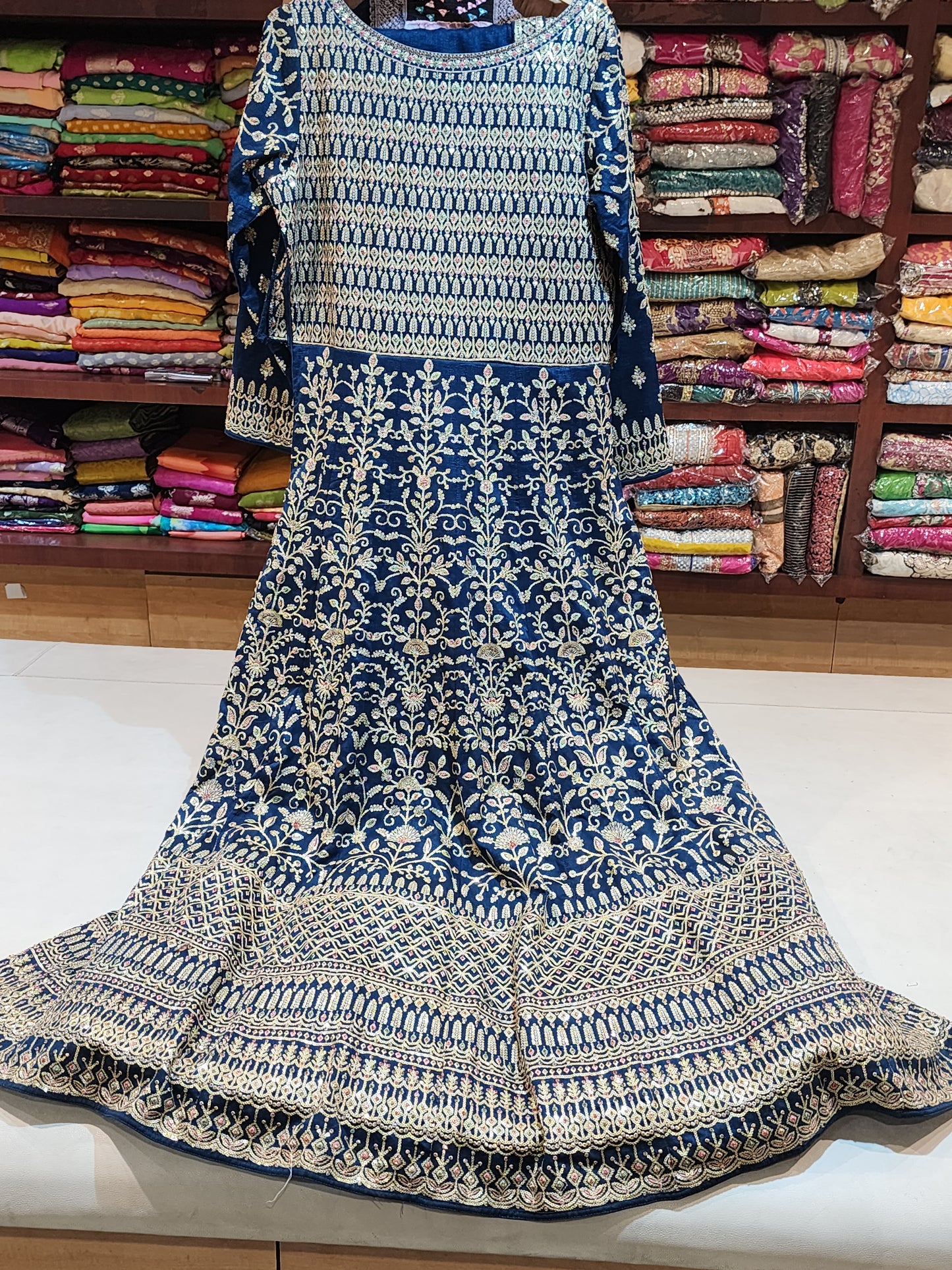 Peacock blue sequins work anarkali suit with Dupatta  large size