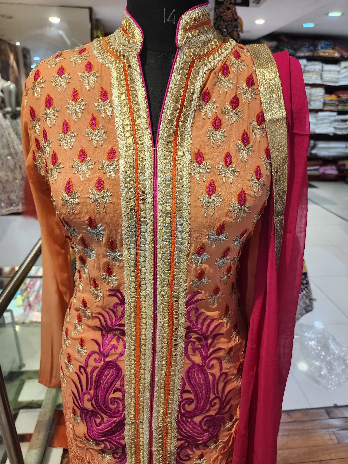 Peach and magenta pure georgette  sharara achkan style stitch  suit , gota patti + resham work