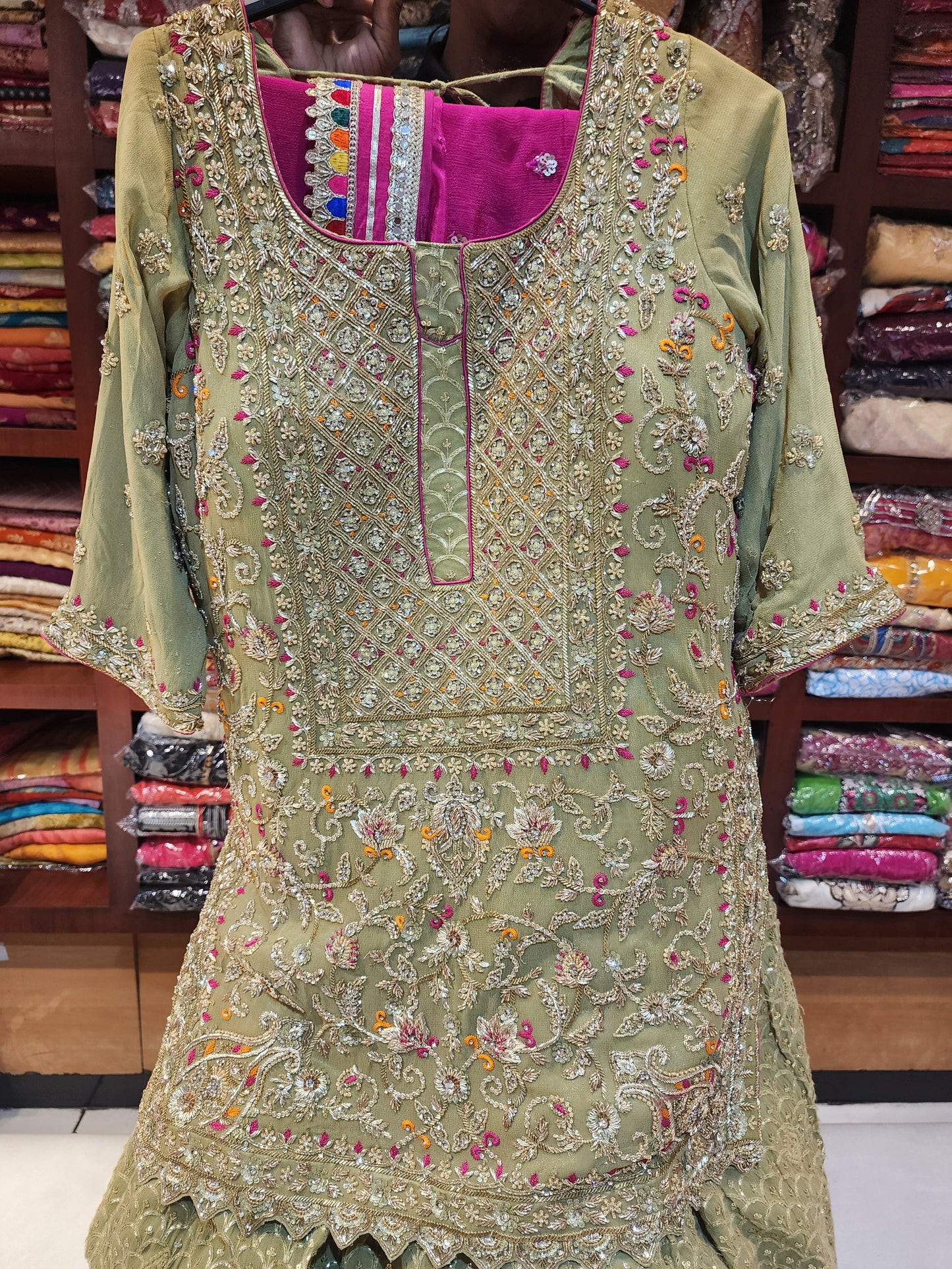 Pista Green handwork shirt and lakhnavi sequins  lehanga with magenta dupatta with border
