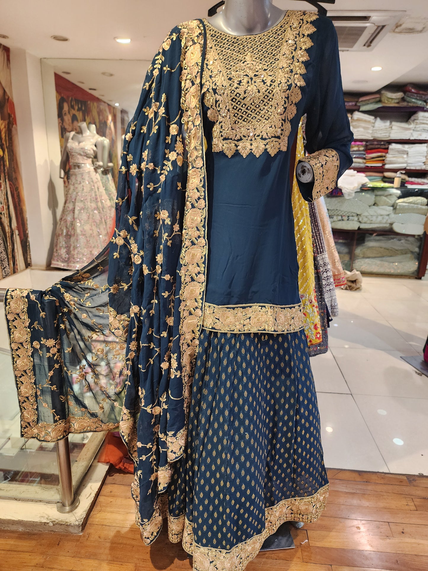 Peacock blue georgette  shirt with banarsi skirt , zari jaal dupatta