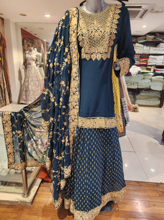 Peacock blue georgette  shirt with banarsi skirt , zari jaal dupatta