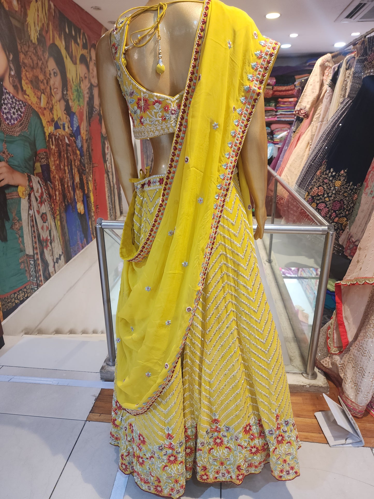 Yellow georgette heavy  machine work lehanga with four side border  dupatta