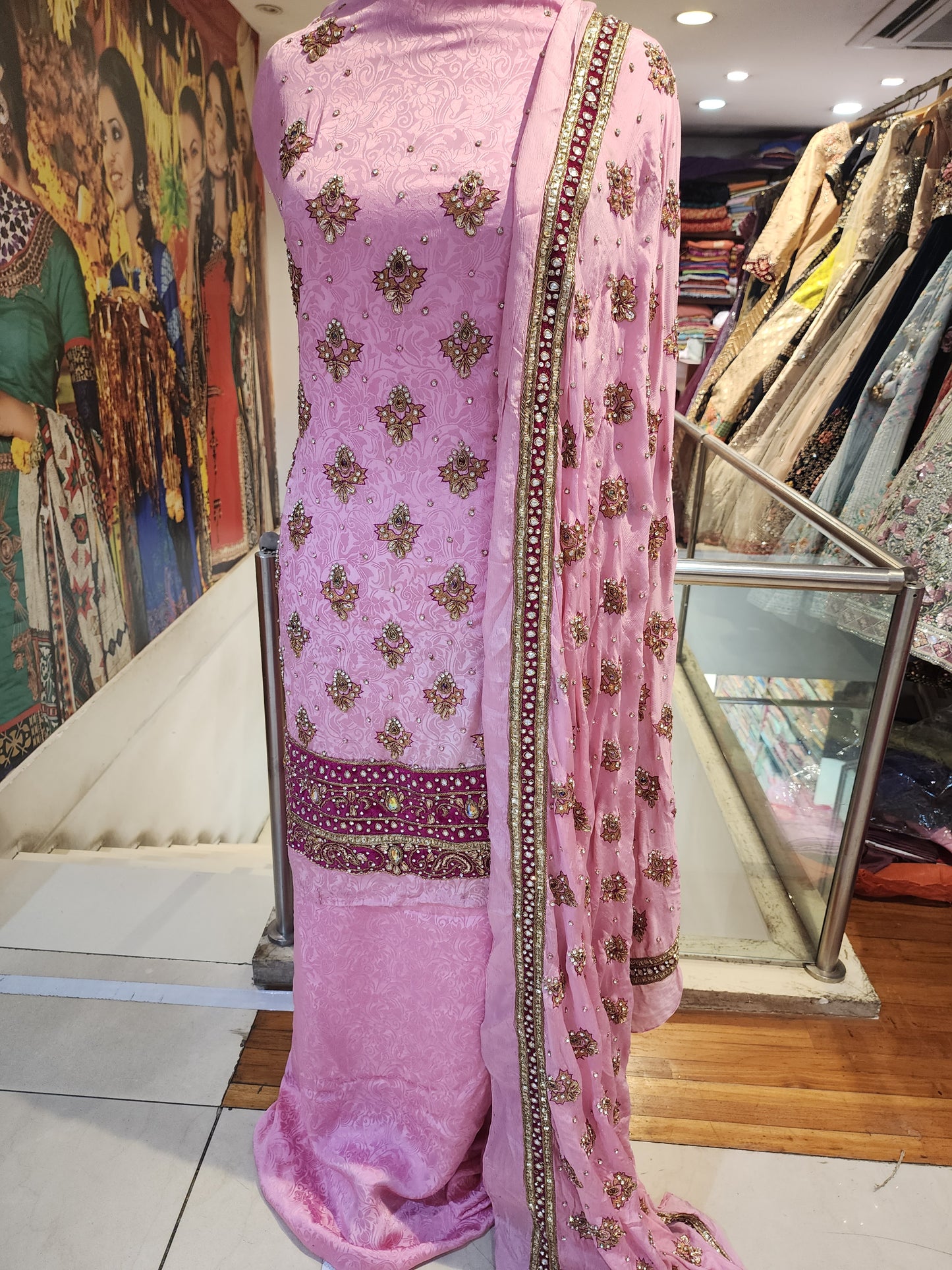Pink Pure self crepe heavy kunden work dupatta suit