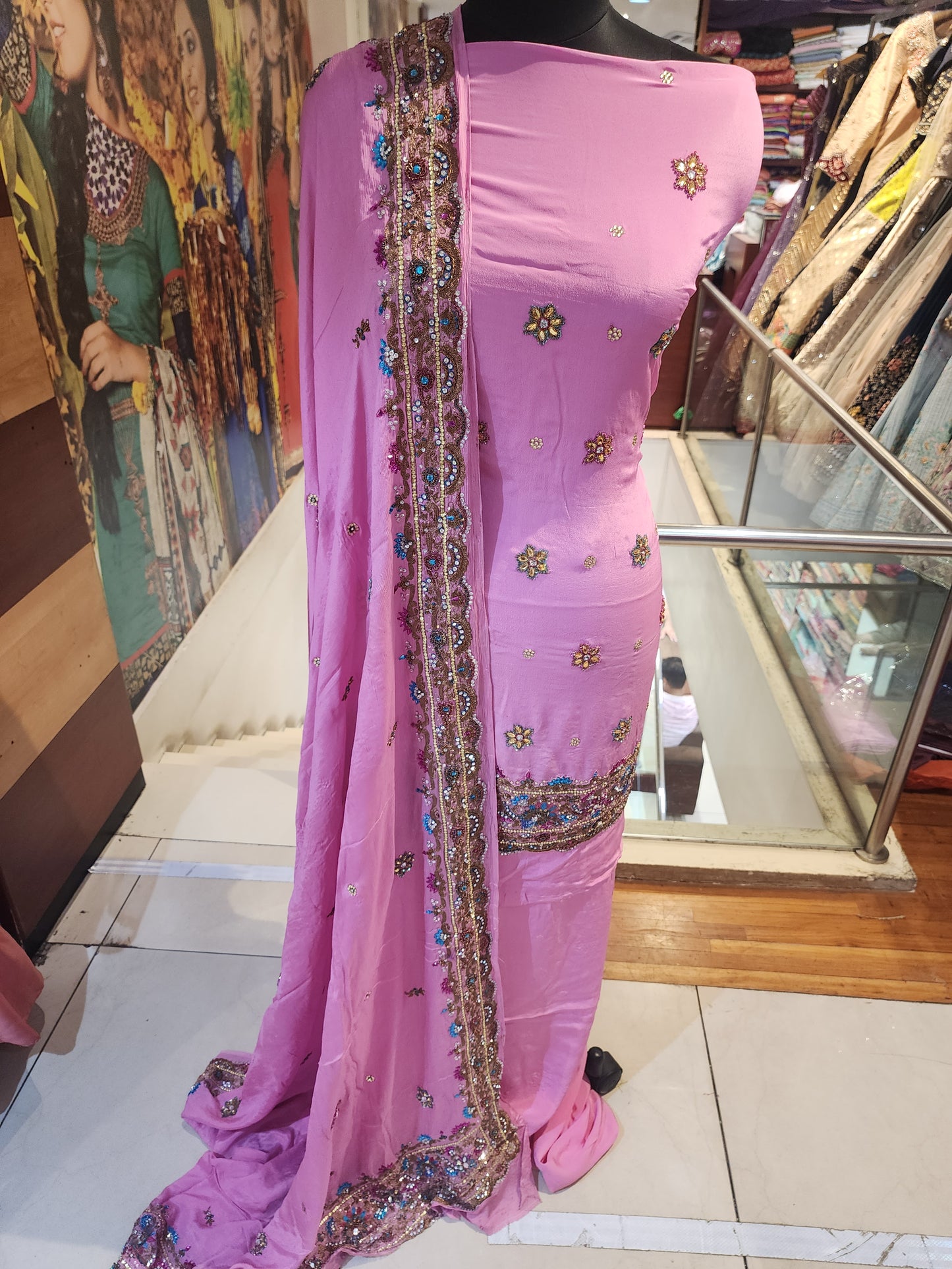 Pink Pure crepe multi colour kunden work + antique zari work suit with four side border chinnon  chiffon  dupatta