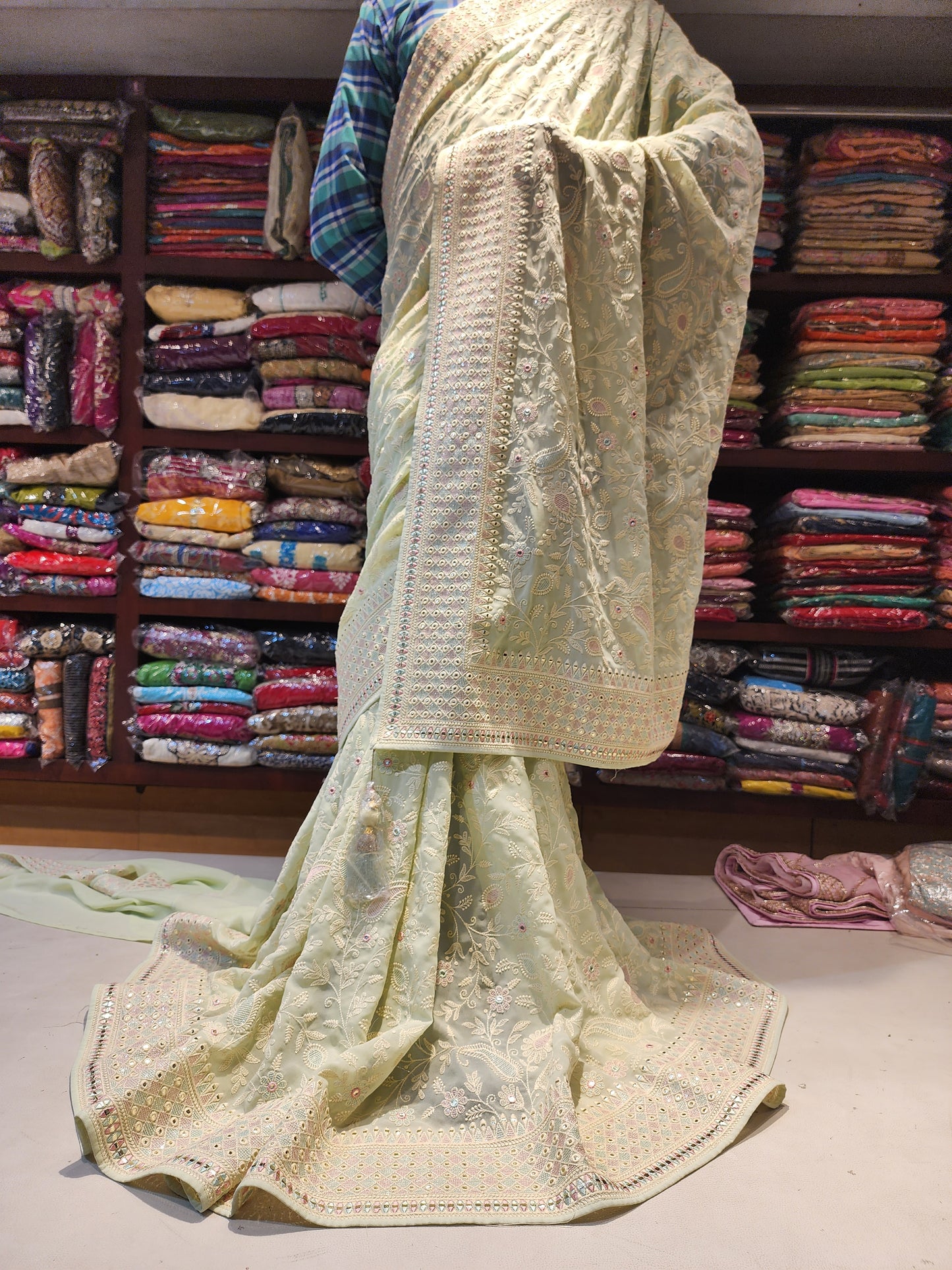 Pista Green machine  Luckhnowi mirror work georgette  saree