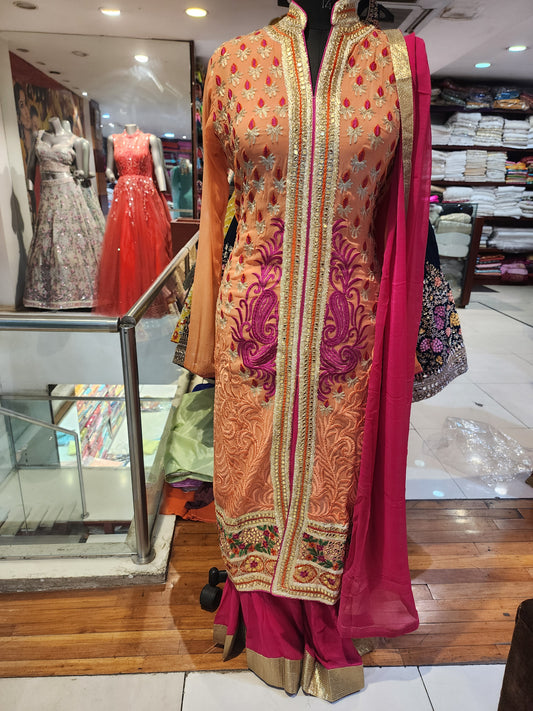 Peach and magenta pure georgette  sharara achkan style stitch  suit , gota patti + resham work