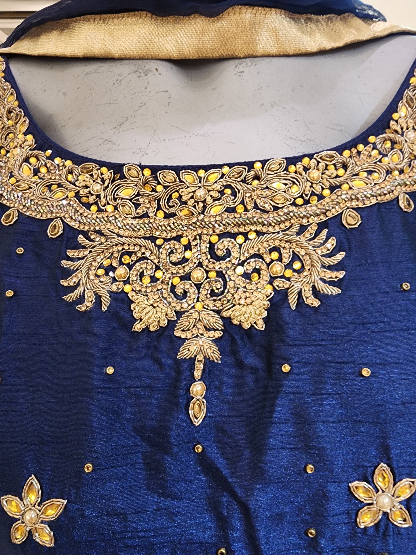 Royal blue georgette  lehenga raw silk choli with dabka work