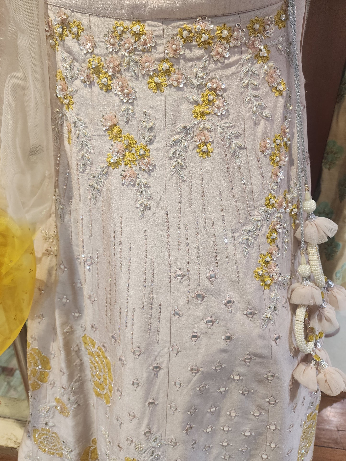Dusty pink colour lahanga resham +pearl +sequins +mirror +patch work , mirror  work blouse with net dupatta