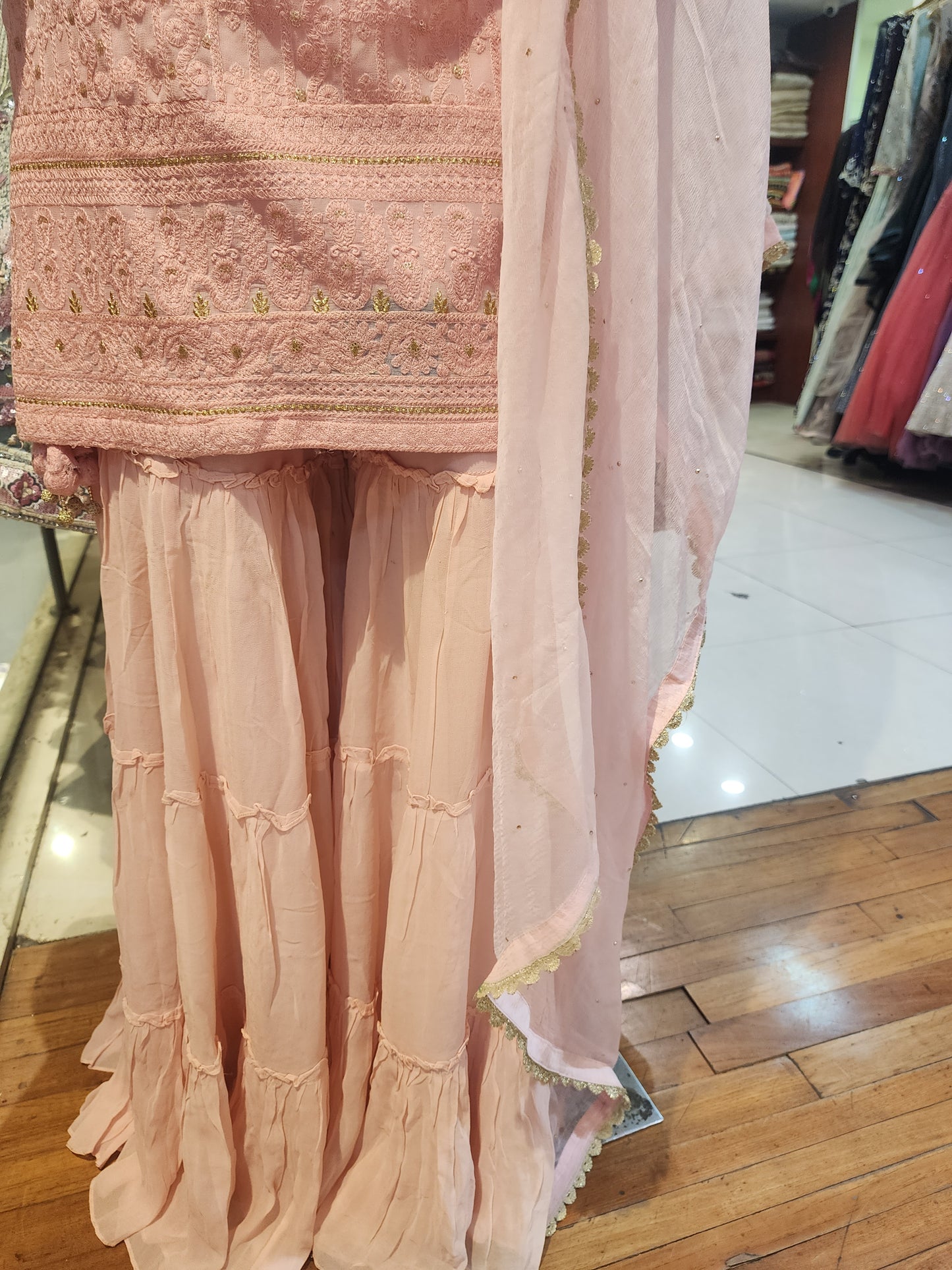 Peach chikankari chiffon shirt with dabka work , with sharara and dupatta