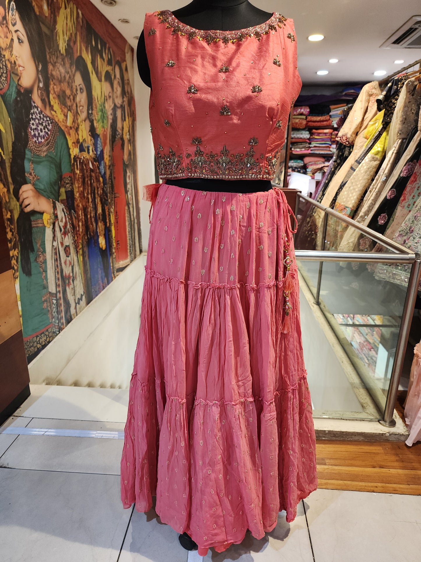 Gaajri georgette lehenga with raw silk choli with hand work