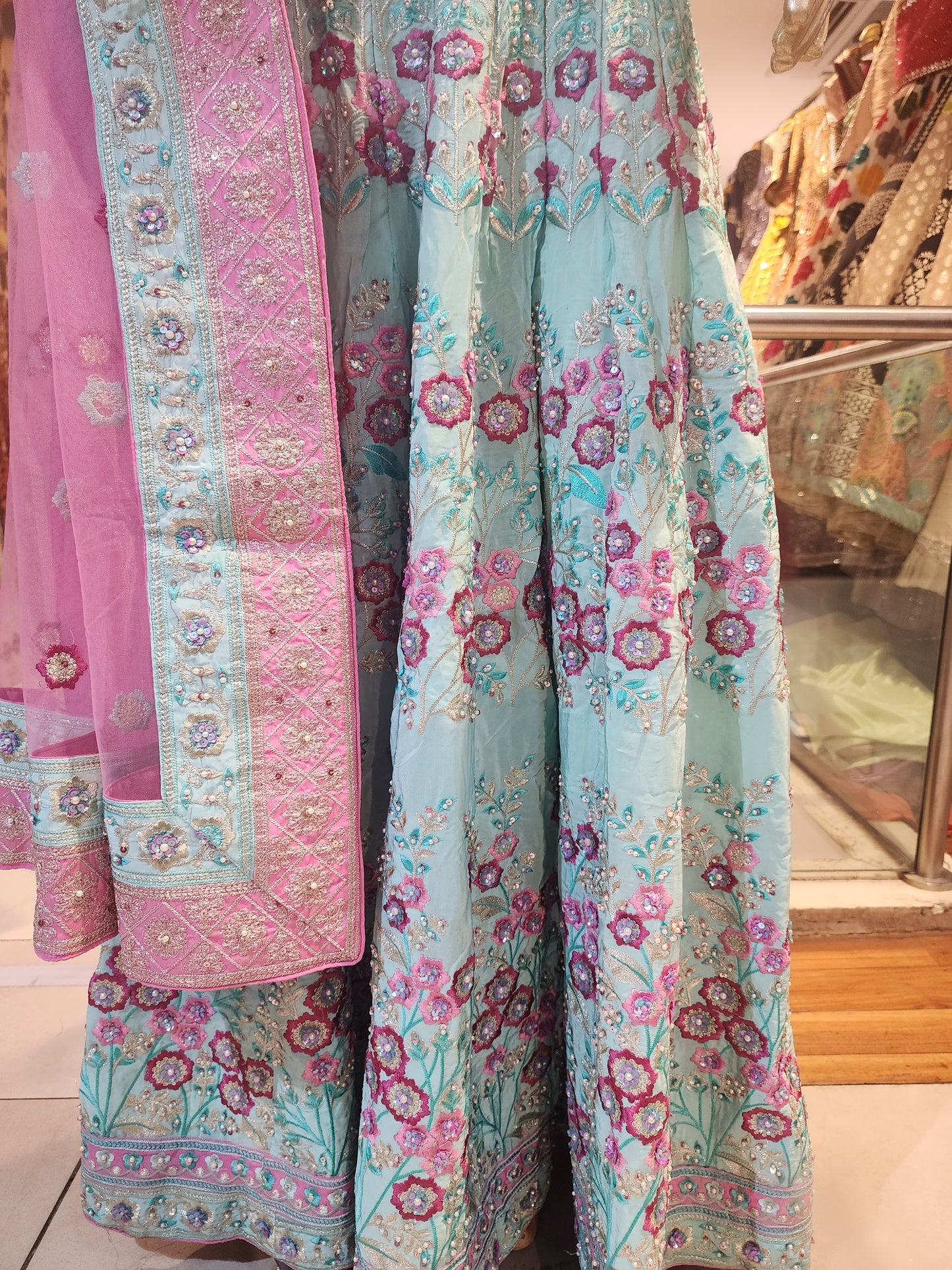 Pure crepe pure resham work firozi colour