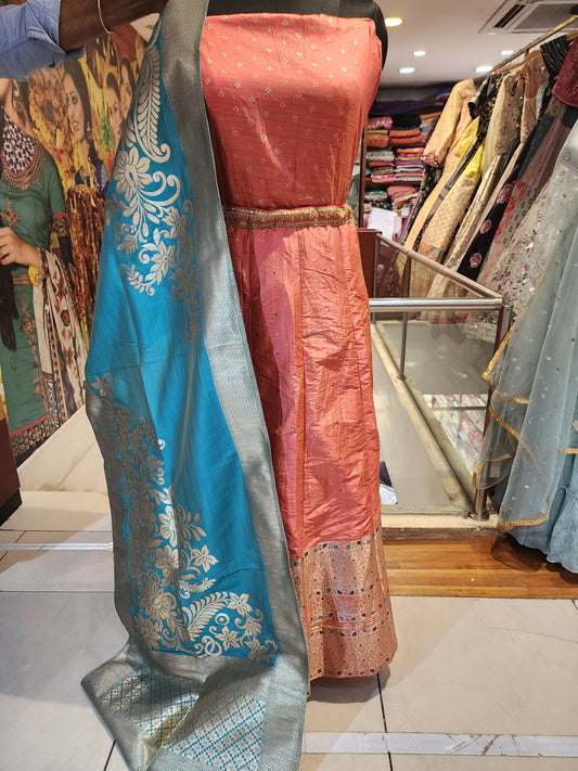Orange banarsi silk lehanga with firozi  banarsi dupatta