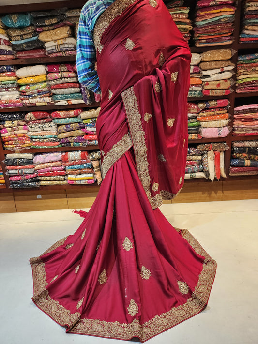 Semi Satin saree gold servowski work and dabka work