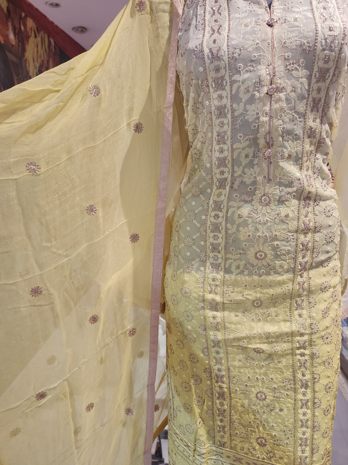Lemon two shade georgette garara suit , machine Lucknowi work