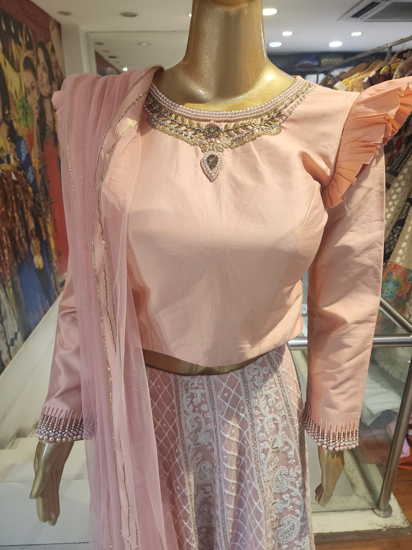 Peach color lehenga choli Lucknowi work
