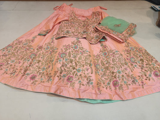 Pure silk dabka sequins  resham work  heavy blouse work , peach and pista Green colour  lehanga Freesize