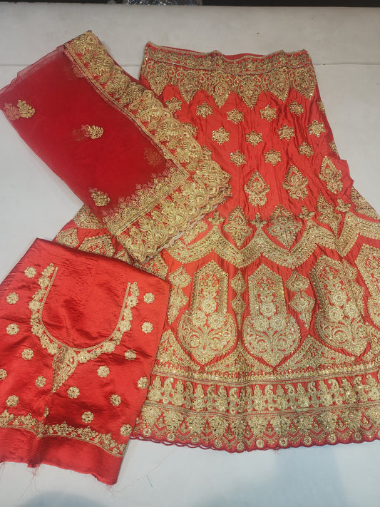Red colour pure satin lahanga ,zari and kundan work