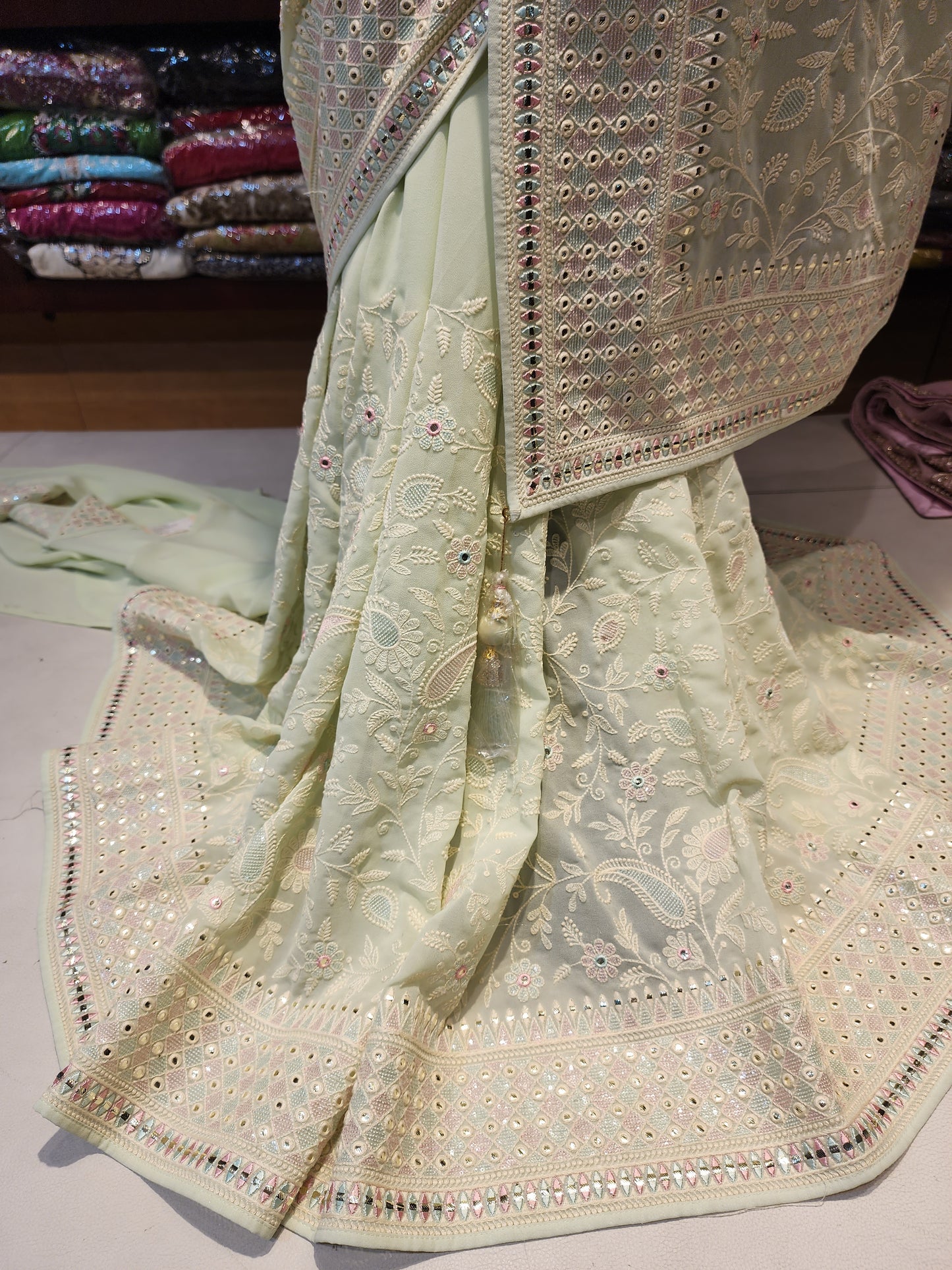 Pista Green machine  Luckhnowi mirror work georgette  saree