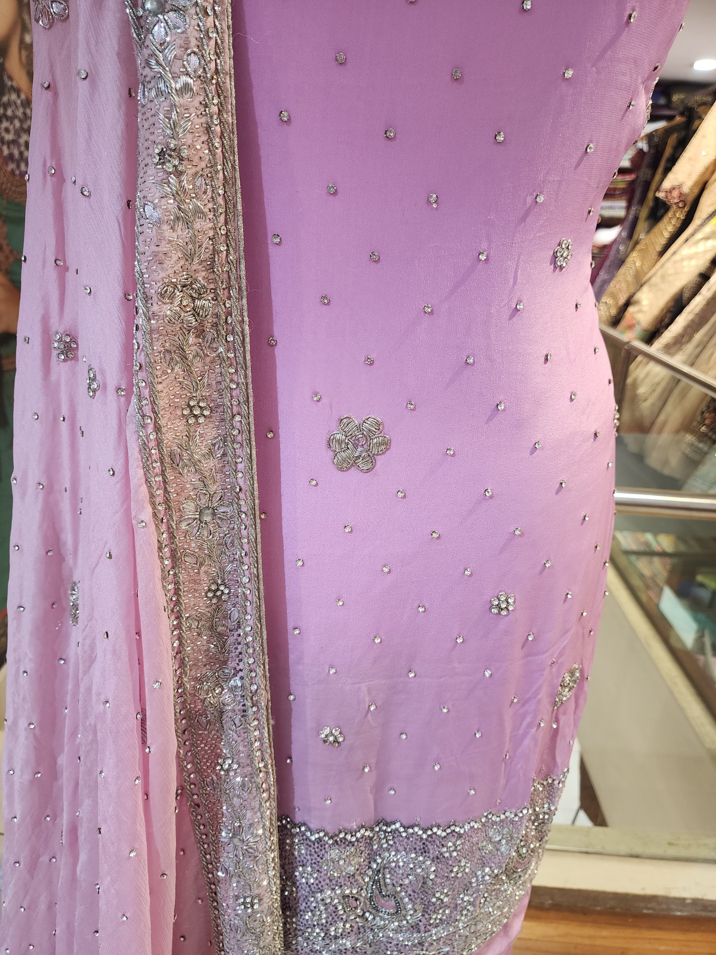 Pink Pure crepe silver dabka work +Jerkan work ,with heavy four side border  dupatta