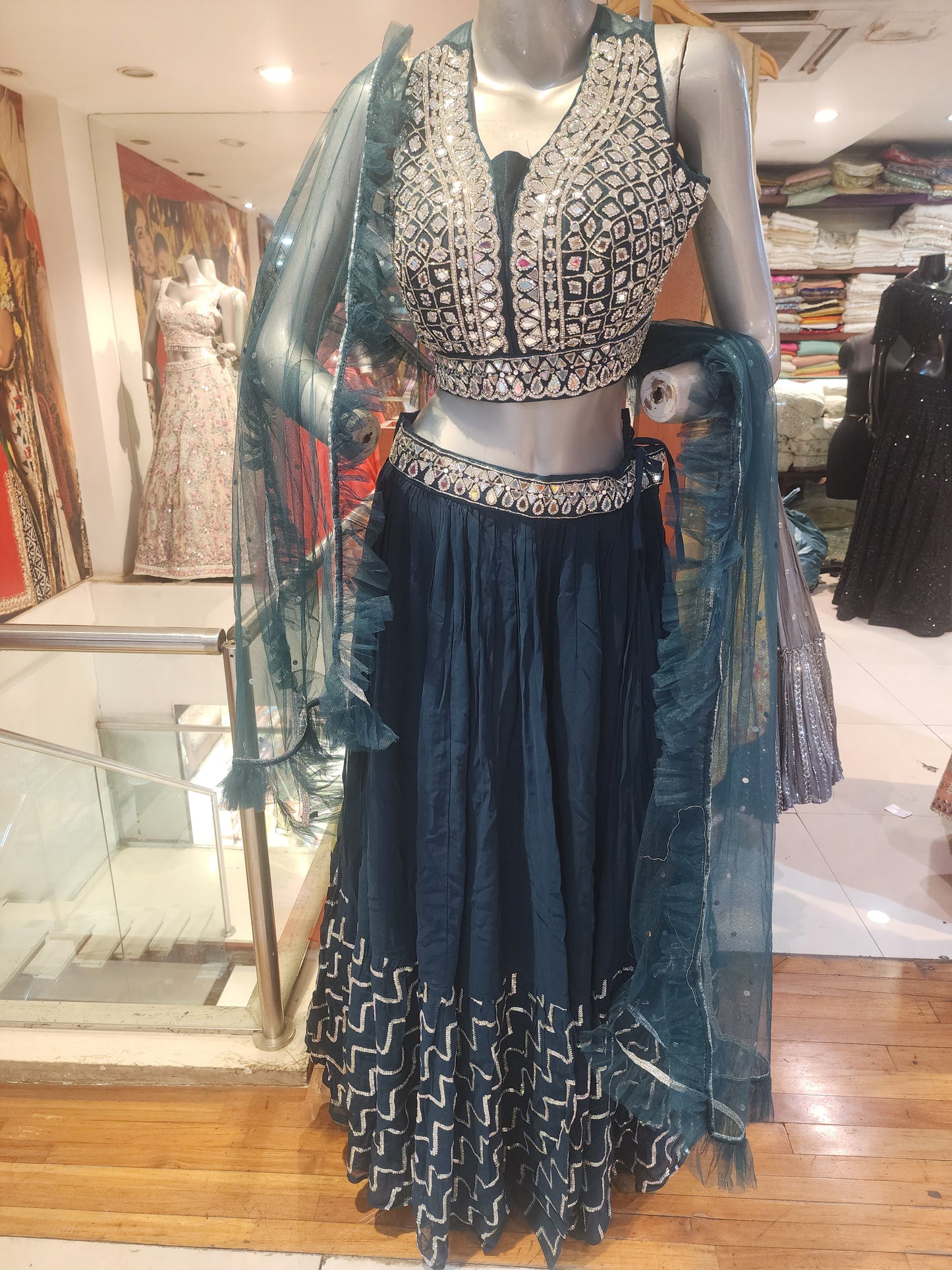 Rama Green georgette sequins lehanga with mirror+cut dana +servowski  work blouse with net dupatta