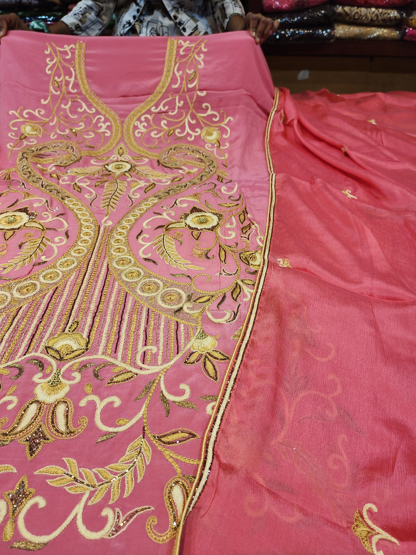 Pure crepe   resham aari work gajri  color suit dupatta (pure chinon )