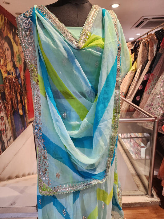Rajasthani style Lehariya georgette lehenga, gota patti work