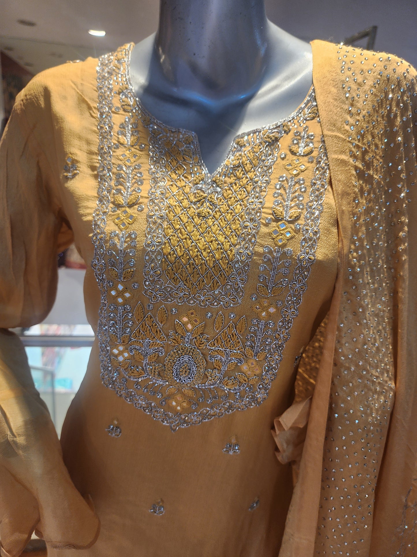 Mustard colour chinon  suit , resham + cut dana + servowski  work , garara suit