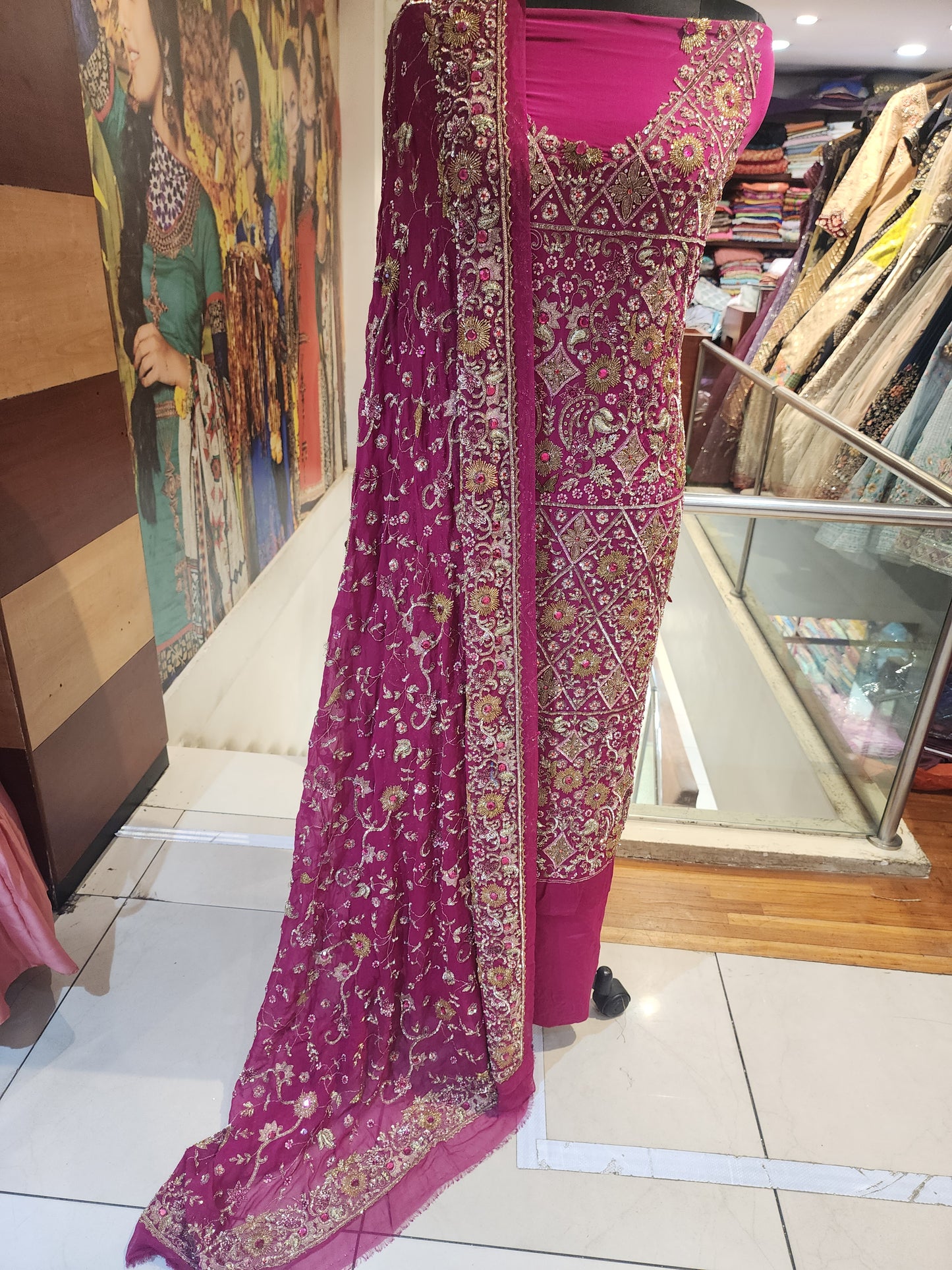 Magenta pure crepe jaal antique hand work suit with jaal antique  work dupatta