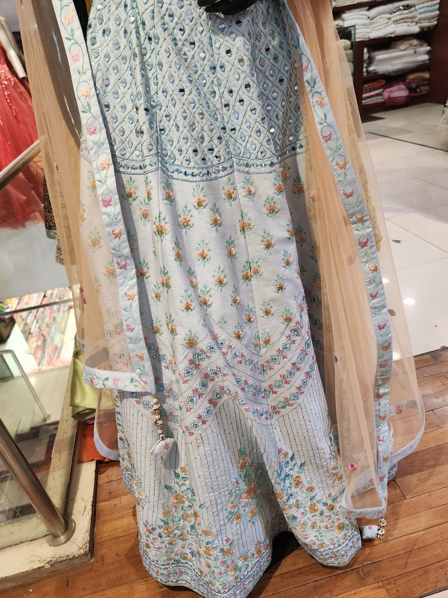 Ferozi lehenga choli with dupatta , mirror and resham work