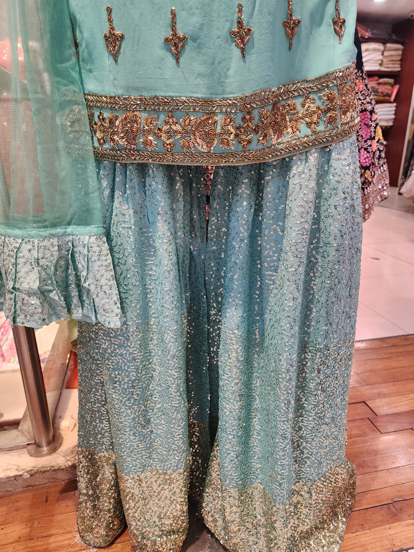Pure georgette sea green colour sequins + cut pipes shirt and sequins garara +net dupatta