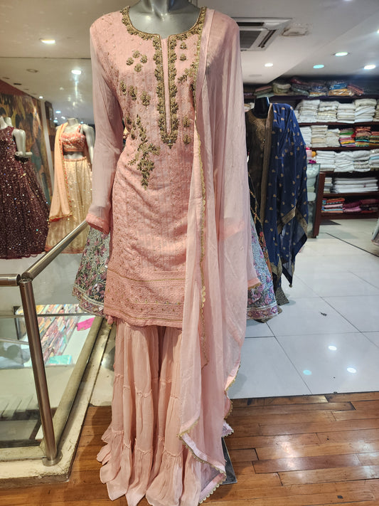 Peach chikankari chiffon shirt with dabka work , with sharara and dupatta