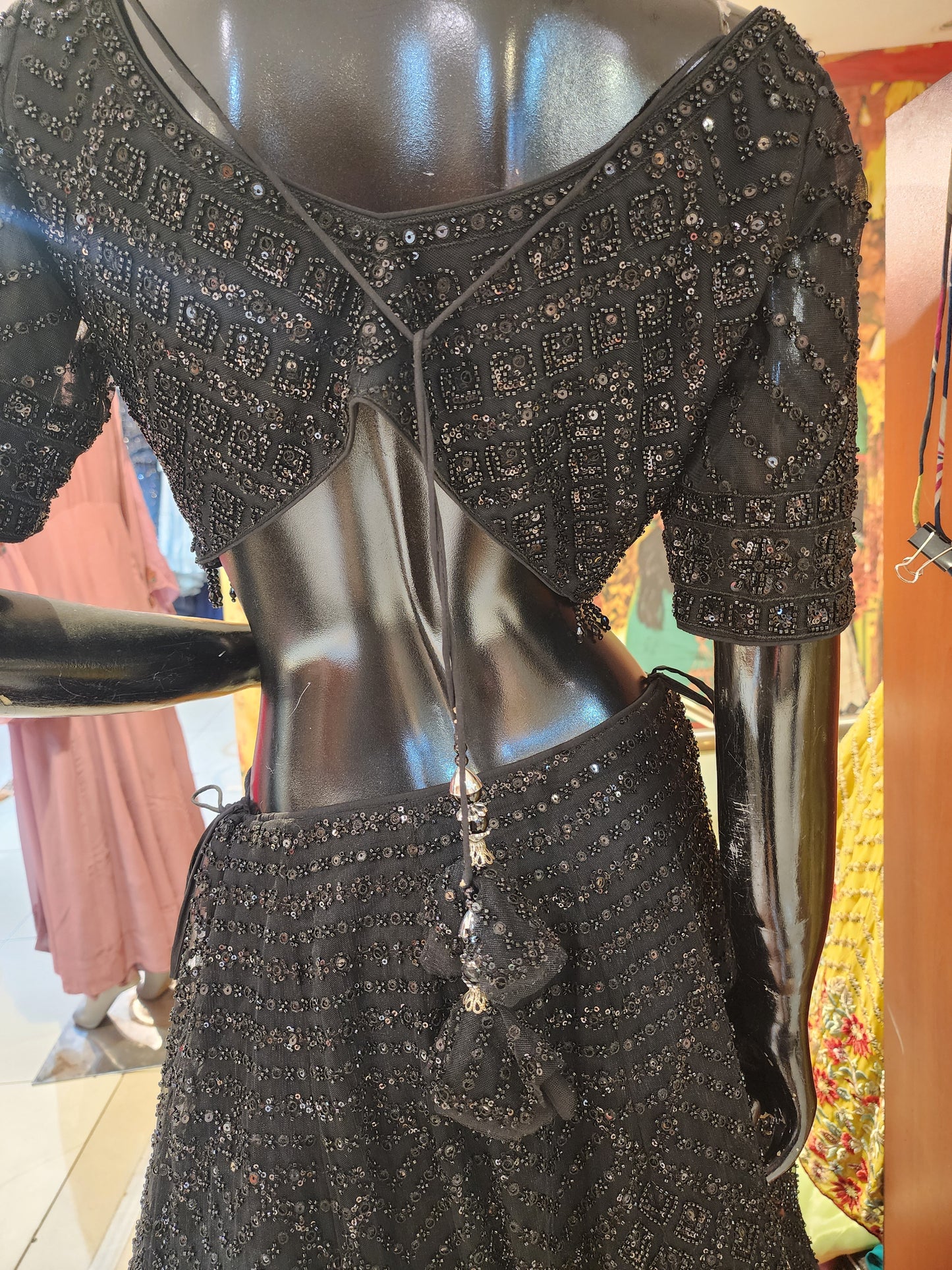 Black lehenga net fabric with handwork cutdana