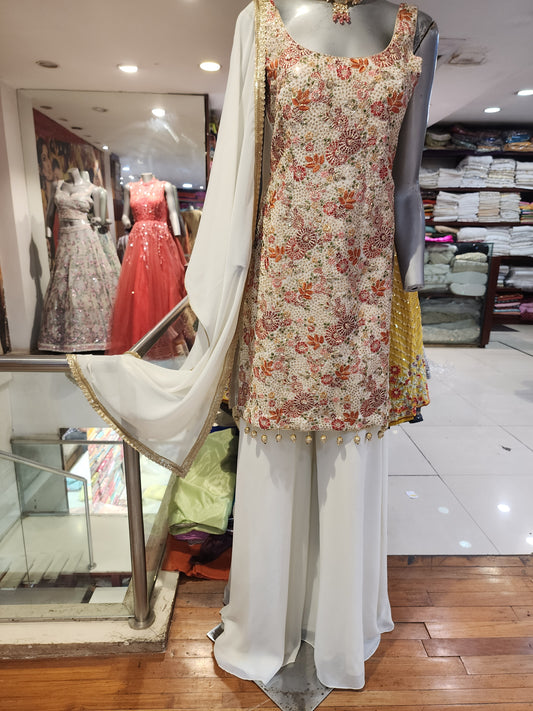 Georgette White floral sleeveless shirt with umbrella plazzo with georgette dupatta