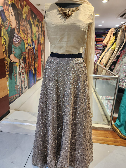 Dusty mauve fabrication lehanga with raw silk choli
