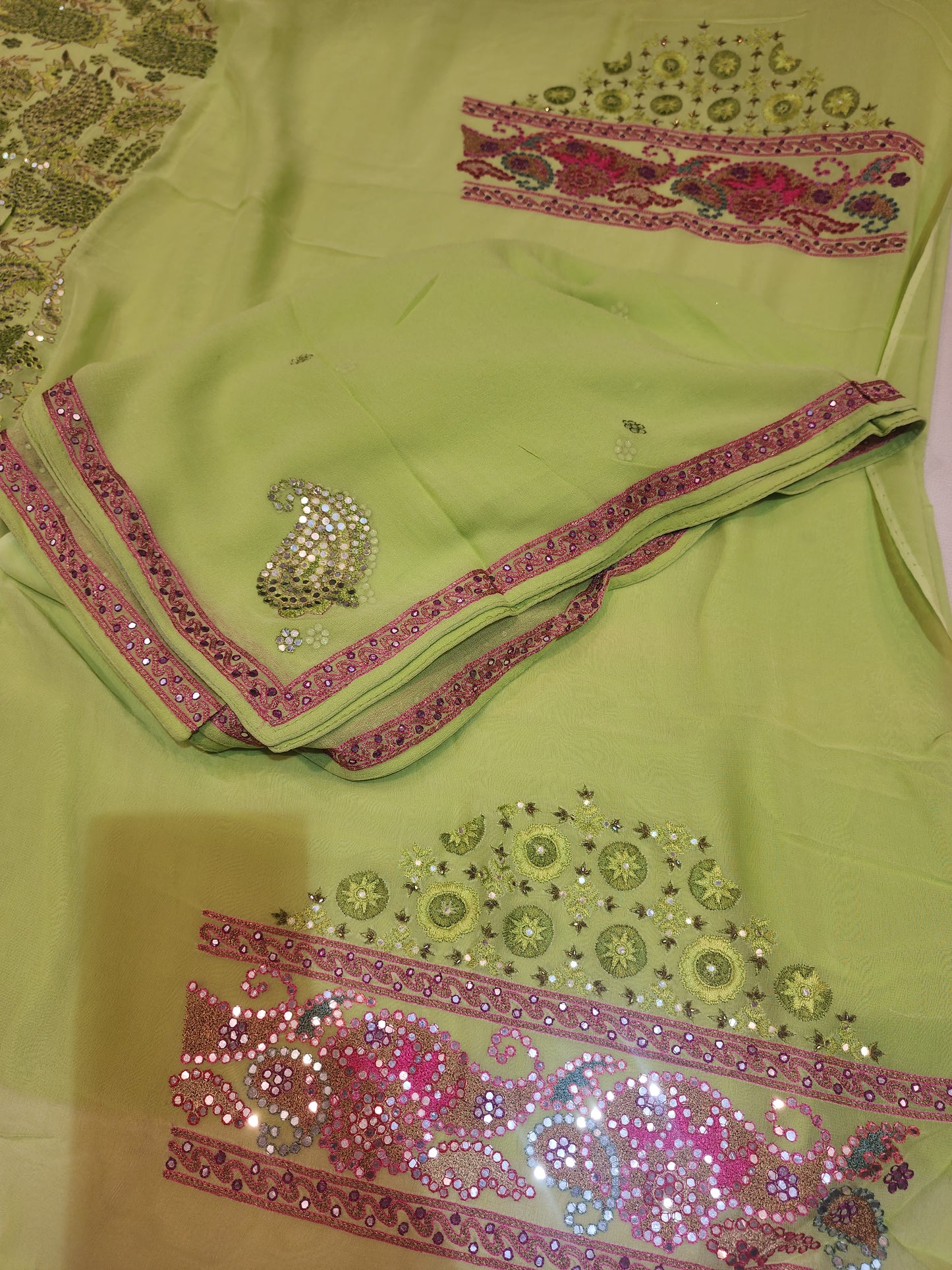 Mirror and resham work pure georgette  parrot Green suit